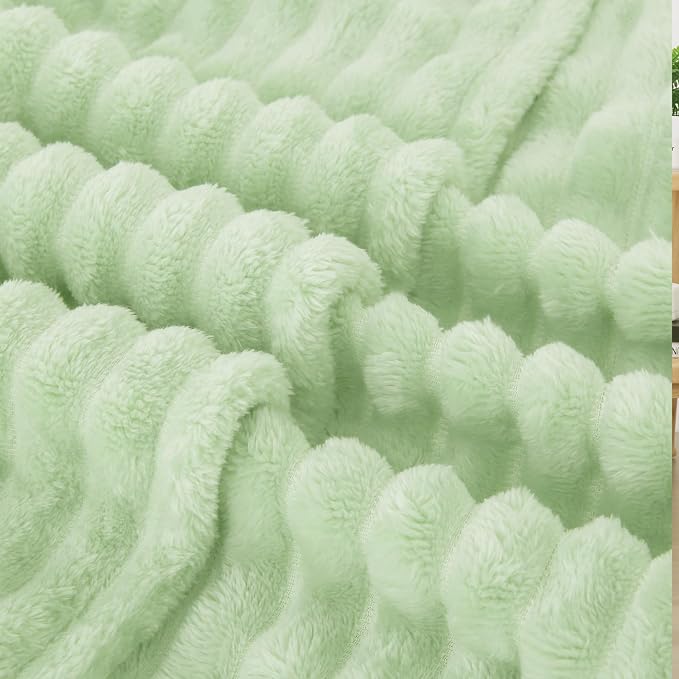 Cream Green Fleece Throw Blanket 60”×80” for Couch Sofa Livingroom | Super Soft Cozy Plush Microfiber Flannel Bed Blanket Striped Design Lightweight Home Decor Gifts for Adults Mom Women