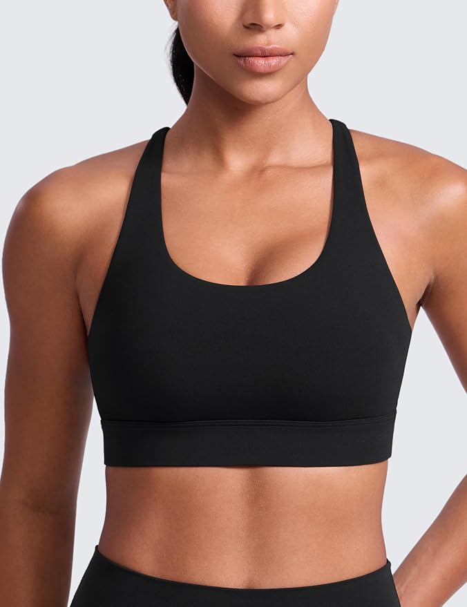 CRZ YOGA Butterlift Wide Criss Cross Straps Supportive Sports Bras for Women - Medium Impact Strappy Gym Padded Workout Top