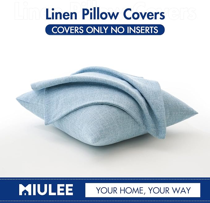 MIULEE Pack of 2 Linen Textured Pillow Covers, 20x20 Inch Light Blue | Decorative Burlap Pillowcases, Coastal Boho Farmhouse Accent Home Decor for Sofa Couch Bedroom Living Room