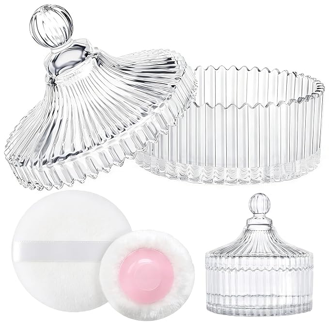 LAKIRA Large Body Powder Puff and Container, 2 Large Powder Puffs, Crystal Powder Container with 3.93" Puff for Baby Women, Dusting Powder Container with Puffs for Women, Bath, Home Use (4″ Pure)