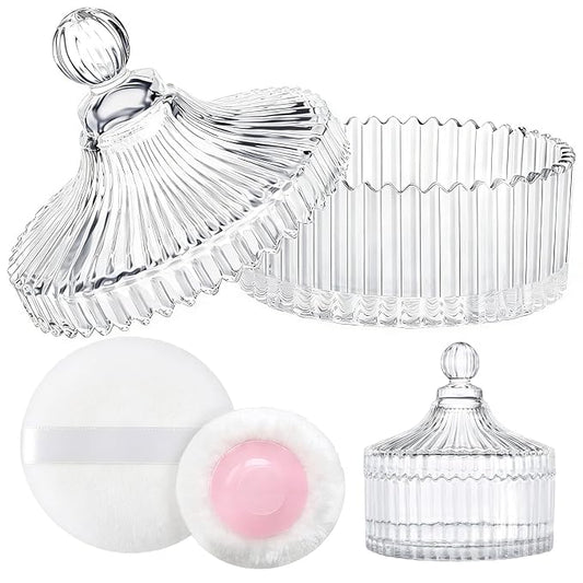LAKIRA Large Body Powder Puff and Container, 2 Large Powder Puffs, Crystal Powder Container with 3.93" Puff for Baby Women, Dusting Powder Container with Puffs for Women, Bath, Home Use (4″ Pure)