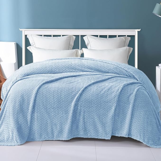Exclusivo Mezcla Light Blue Fleece King Size Blanket for Bed, 90x104 Inches Soft Cozy 3D Decorative Jacquard Flannel Blankets, Lightweight Fuzzy Plush Warm Blankets for All Seasons | Cozy Fluffy Lightweight Blankets for Summer, Decorative Plush Flannel...