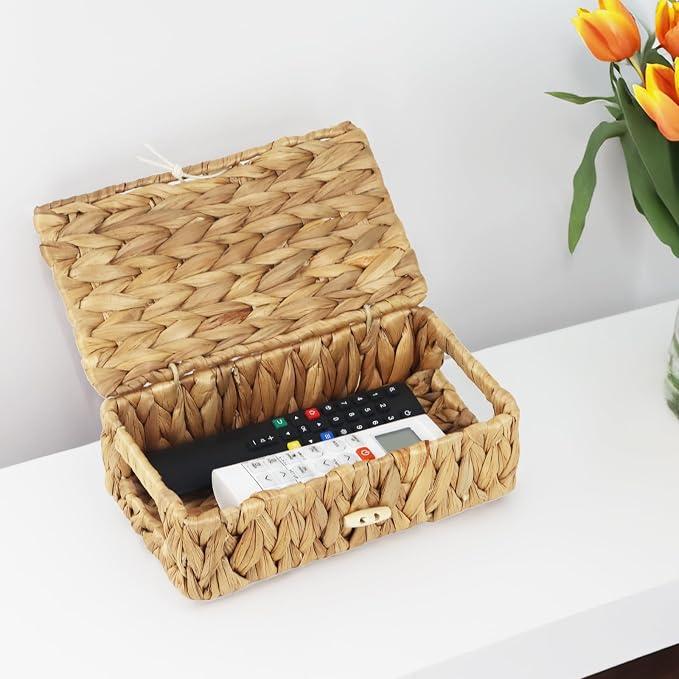 Water Hyacinth Wicker Storage Basket with Lid, X-Small | 9 x 5.1 x 3 Inch Box, Shelf Organizer, Rectangular Woven Bin, Small Item Storage, Natural Home Decor