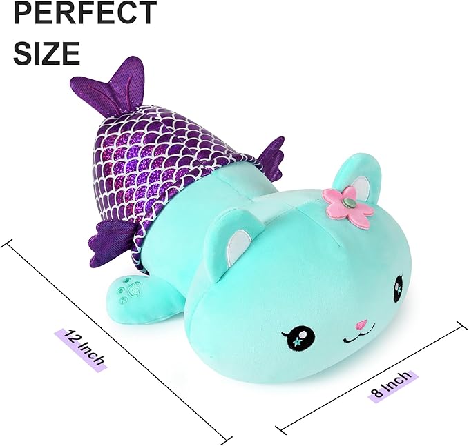 Onsoyours Cute Kitten Mermaid Plush Toy Stuffed Animal Kitty Soft Mermaid Cat Plush Pillow for Kids (Blue Cat Mermaid, 12")