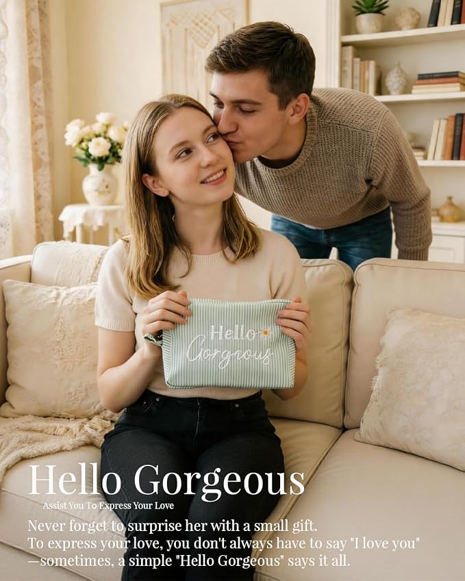 Hello Gorgeous Cosmetic Bag, Cute Daisy Makeup Bag, Compliment Gift for Women Girls Bride & Bridesmaid, Seersucker Stripe Travel Toiletry Pouch w/Zipper, Wedding Organizer Storage (Green)