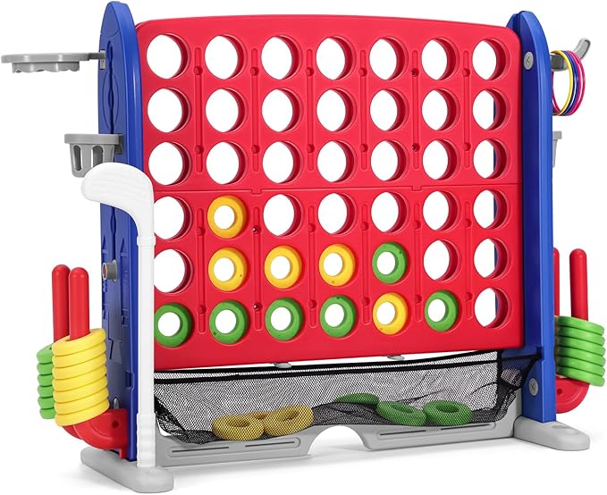 JOYLDIAS Jumbo 4-to-Score Giant Game Set, 4 in a Row Game with Ring Toss, Golf & More, 3.5FT Tall Indoor/Outdoor Connect Game with 42 Jumbo Rings & Quick-Release Slider, Holiday, Party & Family Games