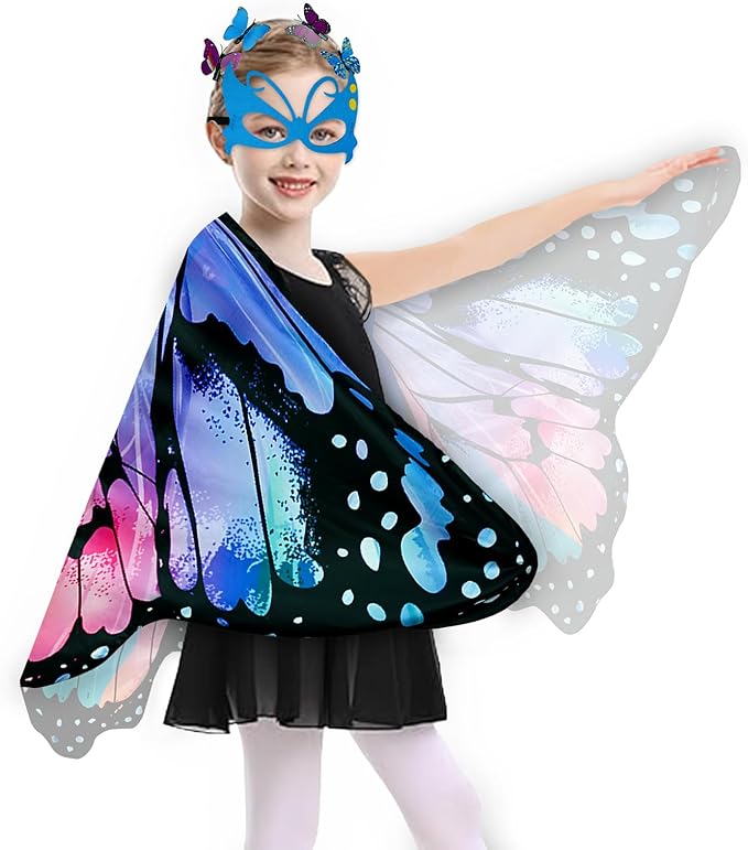 Kids Butterfly Wings Costume for Girls Fairy-Wings Mask Party Favors Gifts (Blue Red sets)