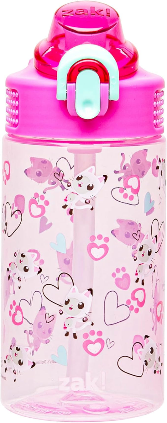 Zak Designs DreamWorks Gabby's Dollhouse Sage Water Bottle For School or Travel, 16oz Durable Plastic Water Bottle With Straw, Handle, and Leak-Proof, Pop-Up Spout Cover (Pandy Paws)