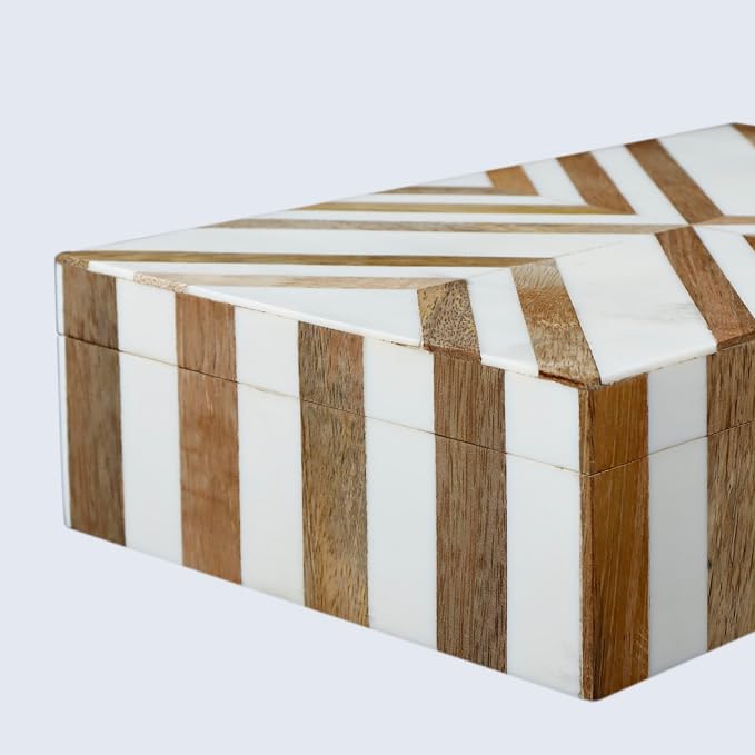Handicrafts Home Decorative Storage Box with Lid Wooden Storage Organizer Box Multi Purpose Storage Box for Coffee Table Desk Shelf – Resin Inlay Marquet Chevron Collection - 10x6x2.5