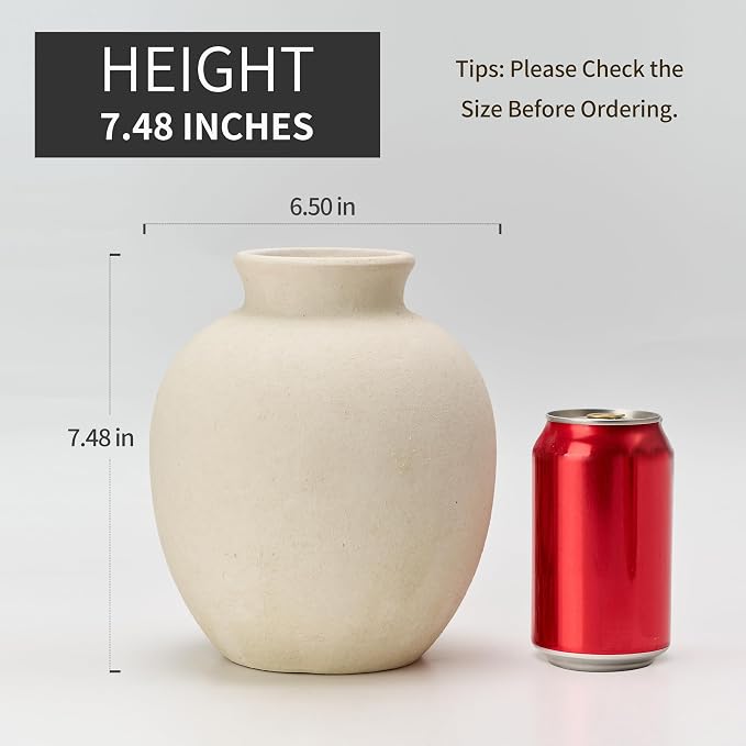 SIDUCAL Ceramic Decorative Flower Vase | 7.48 Inch Pottery Rustic Farmhouse Boho Vase for Home Decor, Table, Living Room, Bathroom, Coffee Desk, Shelf, Mantel Decoration, Wedding, White