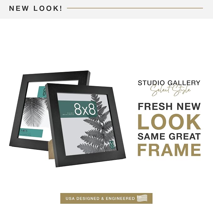 MCS Studio Gallery 8x8 Picture Frame Black Woodgrain Engineered Wood, Wall Hanging & Easel for Tapletop Display, Square Photo Frame for Photos, Posters & Art Prints (1-Pack)