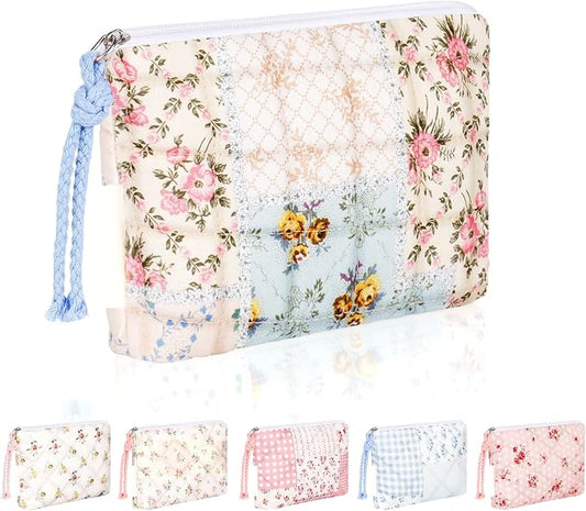 Quilted Mini Makeup Bag for Purse, XS Small Cosmetic Pouch, Cotton | Yellow Floral, Daily Use, Travel, Storing Coins, Cards, Chapstick, Panty Liners, Tampo, Gift for Birthday, Christmas, Party