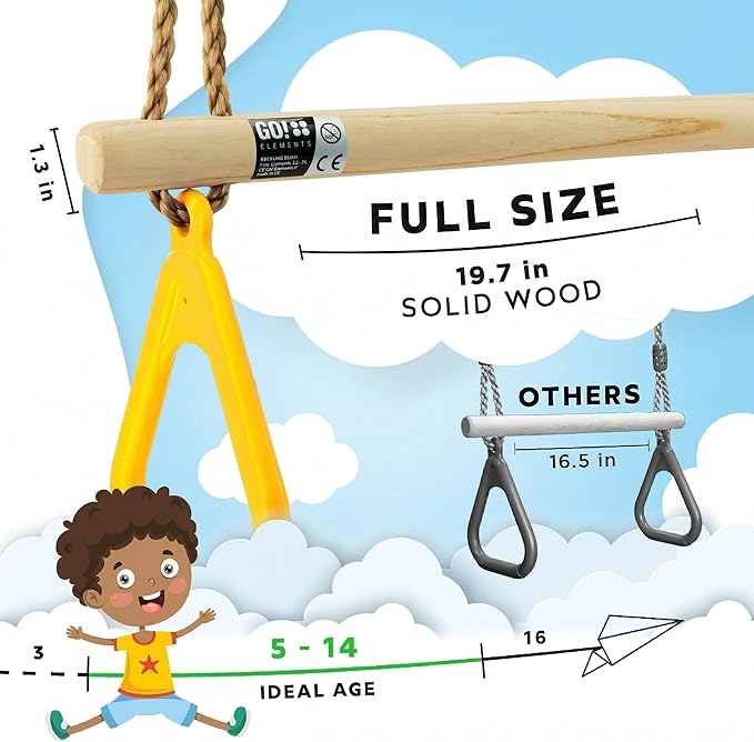Trapeze Swing Bar for Kids Indoor & Outdoor | Adjustable Trapeze Bar with Rings for Swing Set | Hanging Gymnastics Bar for Monkey Bars, Ninja Course & Play Set
