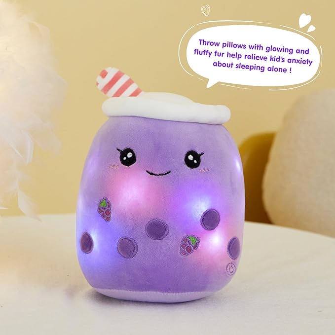 Athoinsu Light Up Grape Boba Bubble Tea Cup Pillow, 15 inch Kawaii Plushies with Colorful LED Lights, Cute & Squishy Glow Pillows, Soft Plush Stuffed Toys for Kids,Girls,Boys (Purple, Medium)