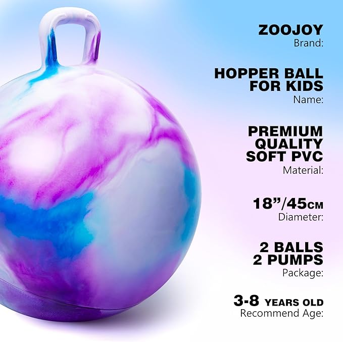 ZOOJOY Hopper Ball 2 Pack, 18 in Hopping Balls for Kids 3-8, Bouncy Ball with Handle for Boys & Girls Indoor Outdoor Play, Inflatable Bounce Hippity Hop Toys with Pump(Clouds)