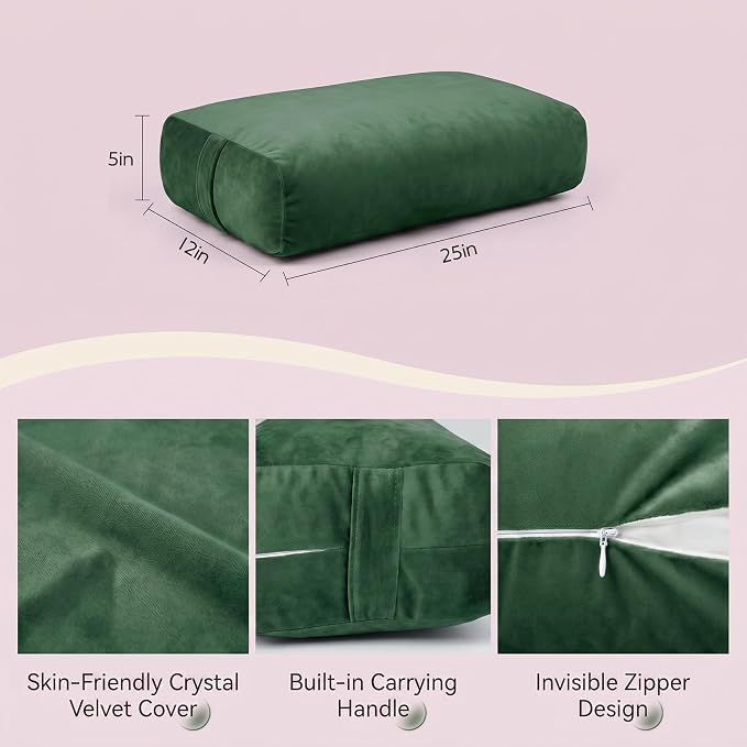 Yoga Bolster Pillow, Curved Wedge for Deep Stretch & Prenatal Support, 25"×12"×5", Sponge Bead-Cotton Filling, Velvet Cover with Zipper & Handle for Yoga, Meditation & Pilates (Green)