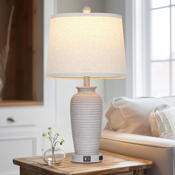 CINSARY 25" Vintage Farmhouse Jar Table Lamps, Single Rustic Bedside Lamp with USB A+C Ports & AC Outlet, Nightstand Lamps for Living Room, Bedroom, End Table, Grey White(LED Bulb Included)