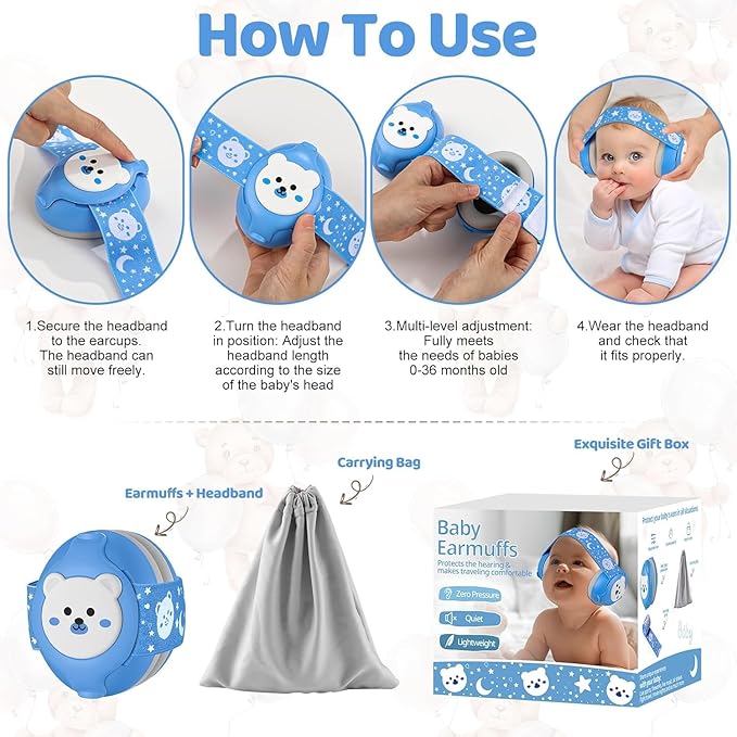 Baby Earmuffs-Infant Ear Protection for Babies 0-36 Months,Infant Headphones with Little Bear Design Noise Cancelling Headphones for Improves Sleep,Baby Travel Essentials for Airplane/Sleep