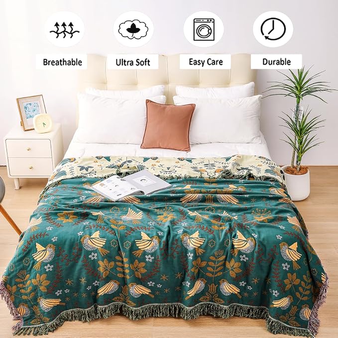 VANJOROY Boho Throw Blanket, 100% Organic Cotton Breathable Ultra Soft 91" x 108" King Bed Quilt Throw - Floral Rustic Bird Farmhouse Decor Luxury Blanket for Sofa Couch Chair and Gift,Teal/Beige