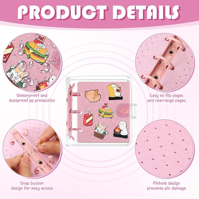 8 Pcs Mini Enamel Pin Display Book Gift Clear Collection Travel Trading Binder Holder Badge Book Storage Organizer up to 36 1-inch Enamel Pins for Travel Collectors (Pink,4.61x3.94 in)