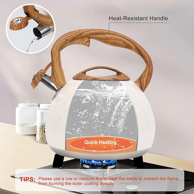 Tea Kettle, Vegoran 100 OZ / 3 Liter Whistling Tea Kettle, Tea Pots for Stove Top Food Grade Stainless Steel with Wood Pattern Folding Handle, Loud Whistle Kettle for Tea, Coffee, Milk (B-White)