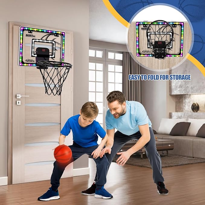 AOKESI Mini Indoor Basketball Hoop for Kids Scoring Hoop with 3 Balls,Led Light & Batteries Over The Door Bedroom Office Portable Basketball Toys Best Gift for Adults & Boys 4 5 6 7 8 9