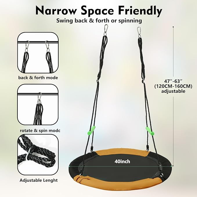 YSEJOMP 3.3FT Round Saucer/Tree Swing with Handles -Made of Sturdy Frame,PP Mat,Adjustable Multi-Strand Ropes,Safe and Durable for Yard Garden Playground Park (Black and Orange, 40 inches)