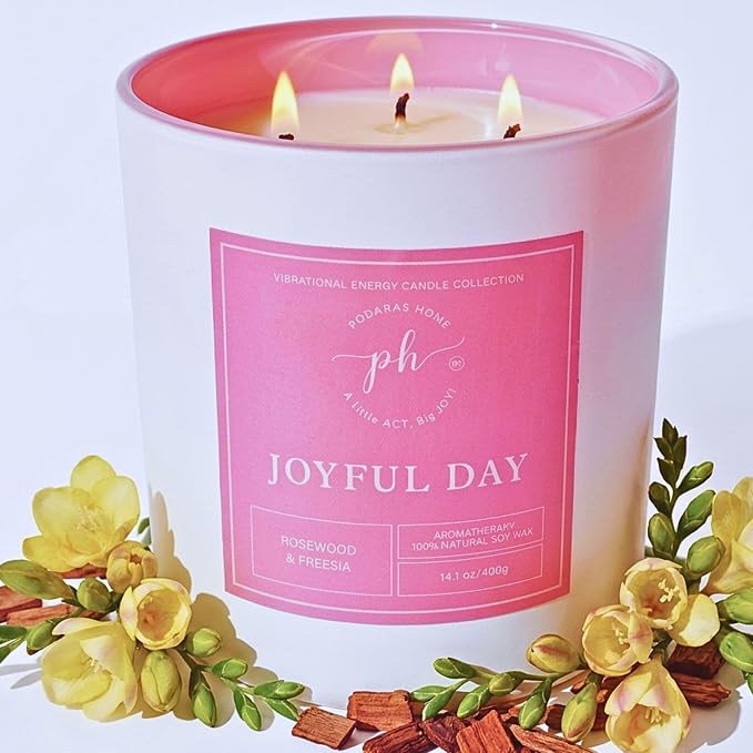 Extra Large Candle – Joyful Day | Hand-Poured Soy Candle with Freesia & Rosewood | 14.1 oz (400g) 60 Hours| Vegan, Clean Burn, Aromatherapy | Gift for Women, Self-Care