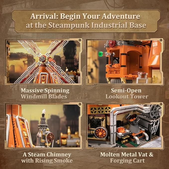 Steampunk Windmill Workshop Building Set - Dutch Windmill Architecture with Mechanical Drive with Motorized Rotating Blades,Gear Details,and Openable Wall - Collectible Display Kit for Adults