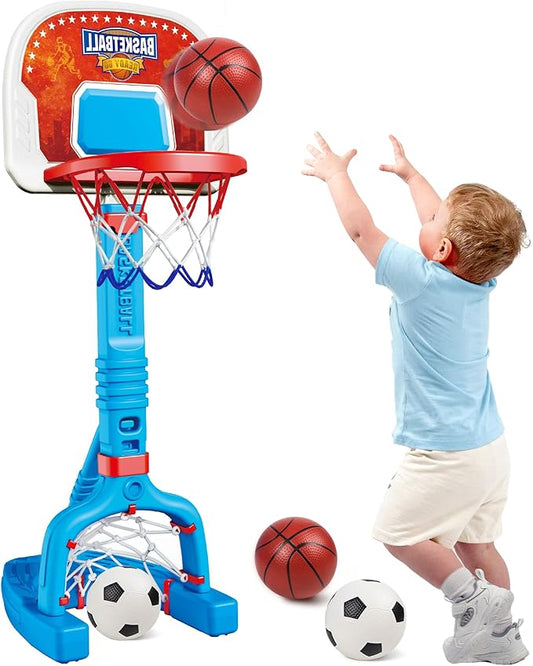 PJG Toddler Basketball Hoop & Soccer Goal, Adjustable Indoor Basketball Hoop for Kids, Baby Toy Mini Basketball Hoops with 4 Balls for Boys and Girls Birthday