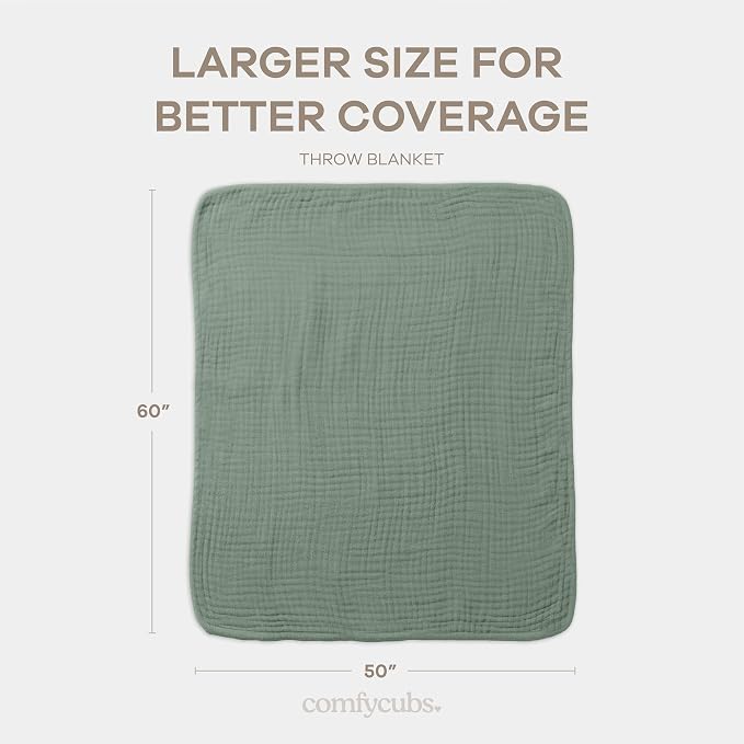 Comfy Cubs Adult Muslin Blanket 50x60” Throw Swaddle Blankets, Fern | 6 Layer Soft, Breathable & Lightweight Muslin Adult Blanket - Machine Washable & Designed in the US Bedding for All Seasons