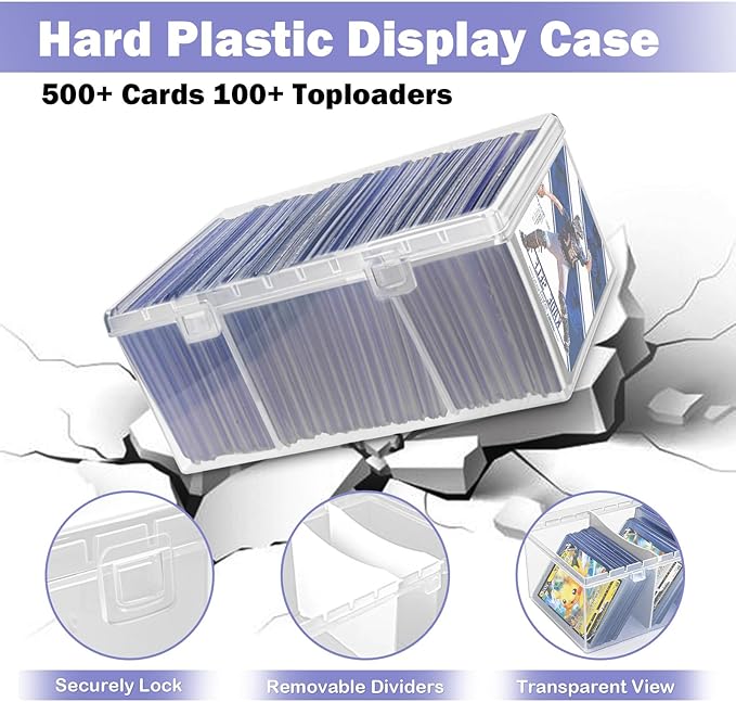 Trading Card Storage Box with 2 Dividers,Toploads Storage Box Plastic Baseball Card Storage Box for 500+ Sports Cards 100+ Top Loads for MTG Magic TCG Yugioh Playing Card Case Holder (2 Pack)