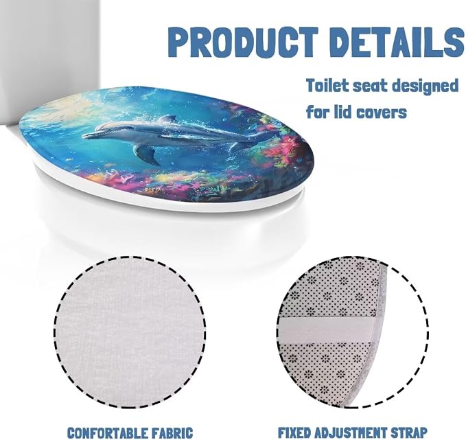 Dolphin Toilet Cover Set Blue Oblong Toilet Seat Cover Blue Toilet Seat Cover Cushioned Toilet Seat Toilet Lid Covers for Bathroom