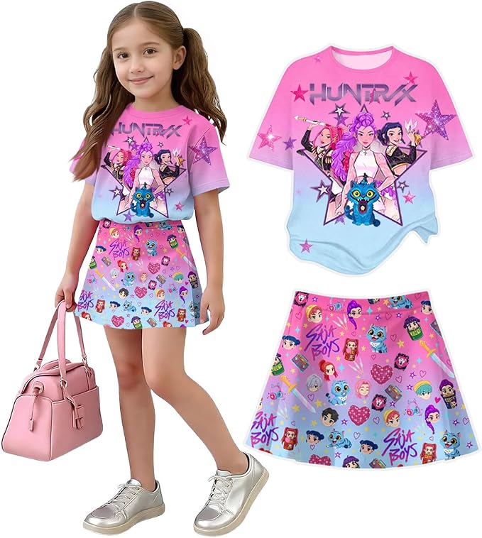 HTHLVMD K Pop Short Sleeve T-Shirt and Skirts Outfits Set for Girls Hunters Rumi Mira Zoey Graphic Tees De-Mon Costume