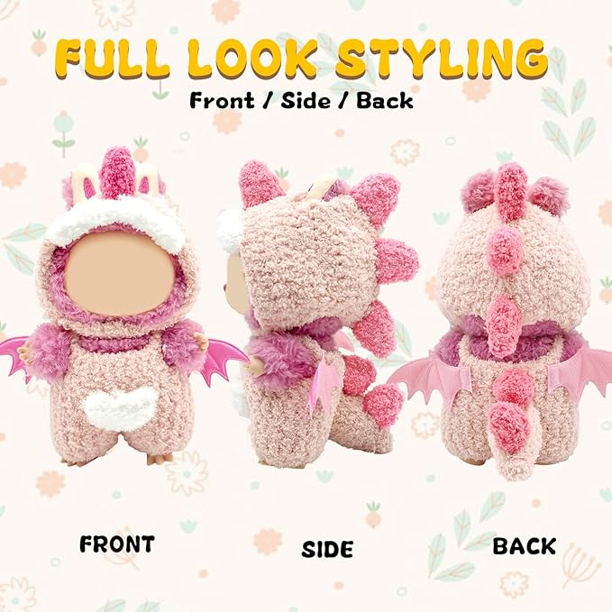 17cm Doll Clothes, Dinosaur Costume with Wings, Faking Animal Style Outfit for Cute Plush Doll, Handmade Jumpsuits for Keychain Accessories(Pink)