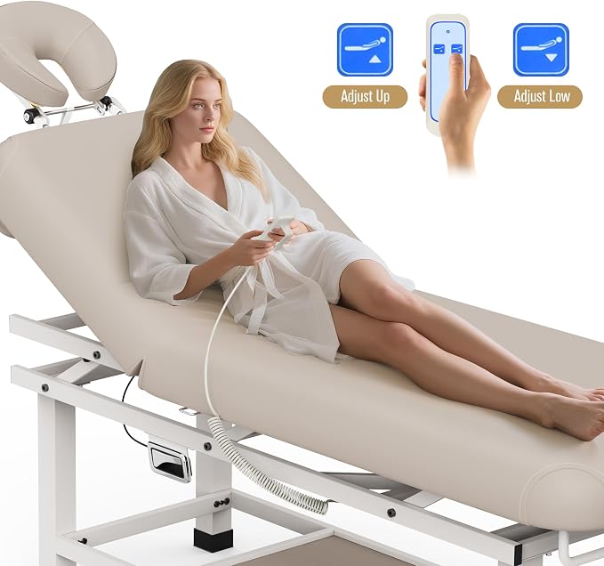 Olela Wide Electric Massage Table - Stationary Massage Table with Electric Lift and Manual Adjustable Backrest, Lash Bed with Storage, PU Leather, Metal Frame for Beauty, Massage, Tattoo
