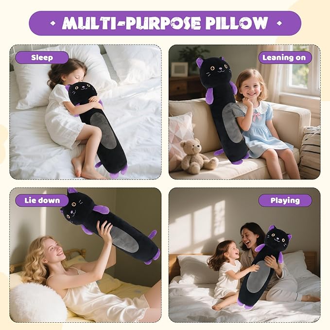 22” Long Cat Plush Body Pillow, Cute Black Cat Stuffed Animals, Lucky Kitty Squishy Soft Plushies Toy, Gifts for Kids Girls and Boys, Birthdays ﻿Easter