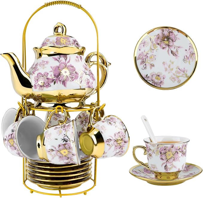 20 Pcs Porcelain Tea Set With Metal Holder,European Ceramic Tea Set for 6,Beautiful Tea Cup Gift Sets for Home&Party (Purple)