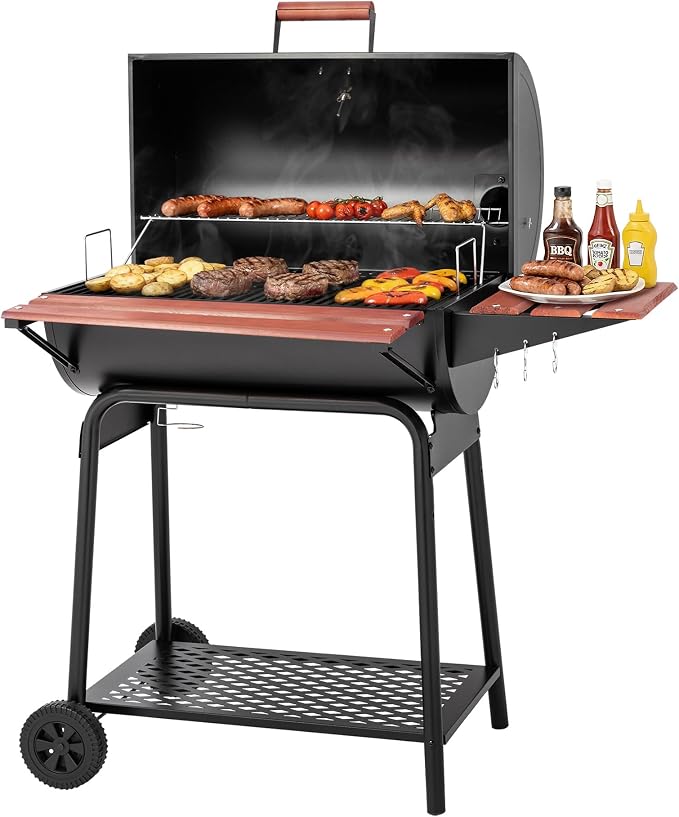 Royal Gourmet CC1830V 30 Barrel Charcoal Grill with Wood-Painted Side Front Table, 627 Square Inches Cooking Space, for Outdoor Backyard, Patio and Parties, Black | Wood-Painted Table, 627 Square Inches Cooking Space, Outdoor BBQ Grill for Outdoor Back...