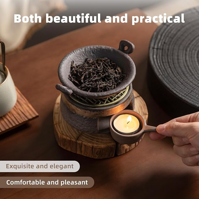 Cedar Aromatherapy Burner & Ceramic Oil Warmer for Home & Office (Heat-Resistant Double-Handled Baking Tray + Stone-Patterned Oven + Old elm Wood mat + Accessories)