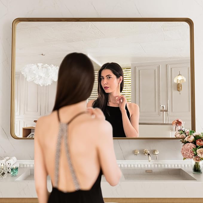 LOAAO 50X30 Inch Bathroom Mirror with Wood Grain Colored Metal Frame | Rounded Rectangle Metal Framed, Anti-Rust, Hangs Horizontally or Vertically, Tempered Glass