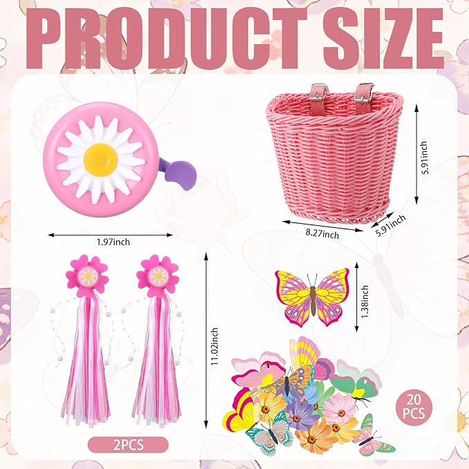 Timtin 27 Pcs Kids Bike Accessories for Girls Pink Bike Basket Flower Bell Bicycle Handlebar Streamers Tassel Butterfly Decoration Wheel Spoke Accessories for Girl Birthday Gift
