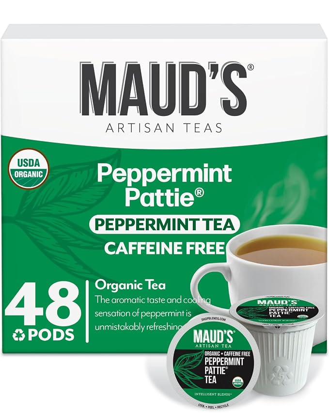 Maud's Organic Peppermint Tea Pods, 48 ct, Single Serve Pods – 100% Gourmet Blended Tea Leaves, Compatible with Keurig K Cups Maker