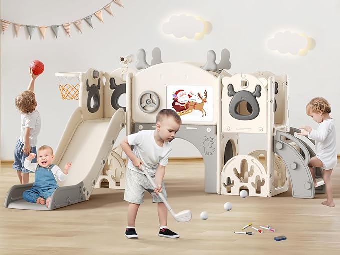 Toddler Slide, 11 in 1 Toddlers Playset New Upgrade with Kids Slide, Drawing Board, Golf Set, Basketball Hoop and Storage Space for Toddler Age 1-3, Backyard Playground Indoor and Outdoor