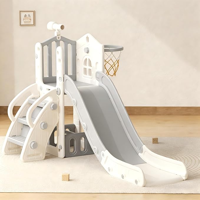 YUFU 5 in 1 Toddler Slide, Kids Slide with Climber, Basketball Hoop and Ball, Outdoor Indoor Playset for Toddlers Age 1-3 (Beige+Gray)