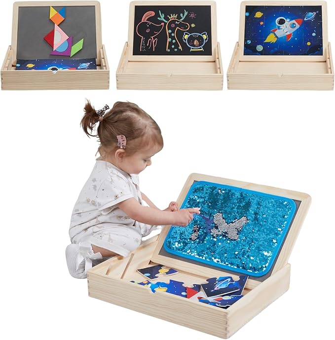Wooden Sensory Sequin Box |Calm Down Corner Kit with Sensory Sequin Flip Mats,Space-Themed Felt Puzzle & Felt Tangram | Calming Corner Items for Kids -Sensory Room Must Haves