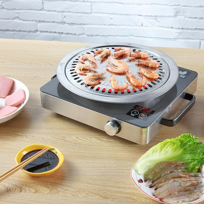 Korean Style Stovetop, Stainless Steel Non-Stick Roasting Barbecue Grill Pan, Round Smokeless Barbecue Grill Pan for Indoor Outdoor Camping BBQ 30cm x 30cm