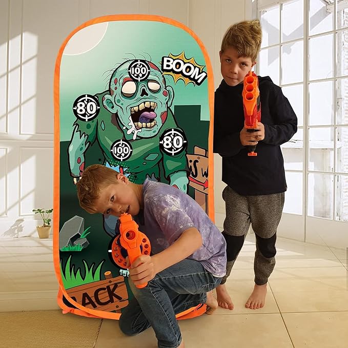 RONSTONE Shooting Practice Target Compatible with Nerf Gun for Boys Girls, Toy Foam Blaster Shooting Targets for Kids Indoor Outdoor, Zombie Shooting Target with Storage Net