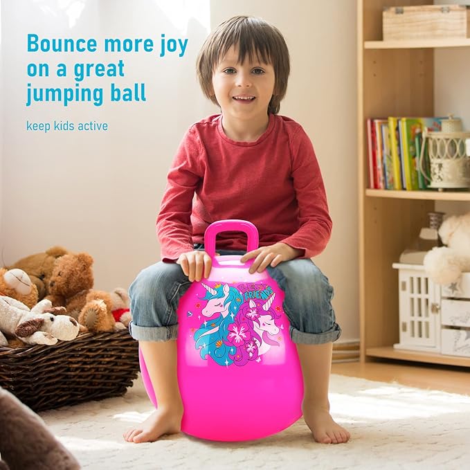 U&C Planet Hopper Ball 20 inches Bouncy Ball with Handle for Kids Age 5-9 Hoppity Hop Sit and Bounce Jumping Hopping Toy with Pump and Gift Box Great Gift for Birthday Christmas, Pink