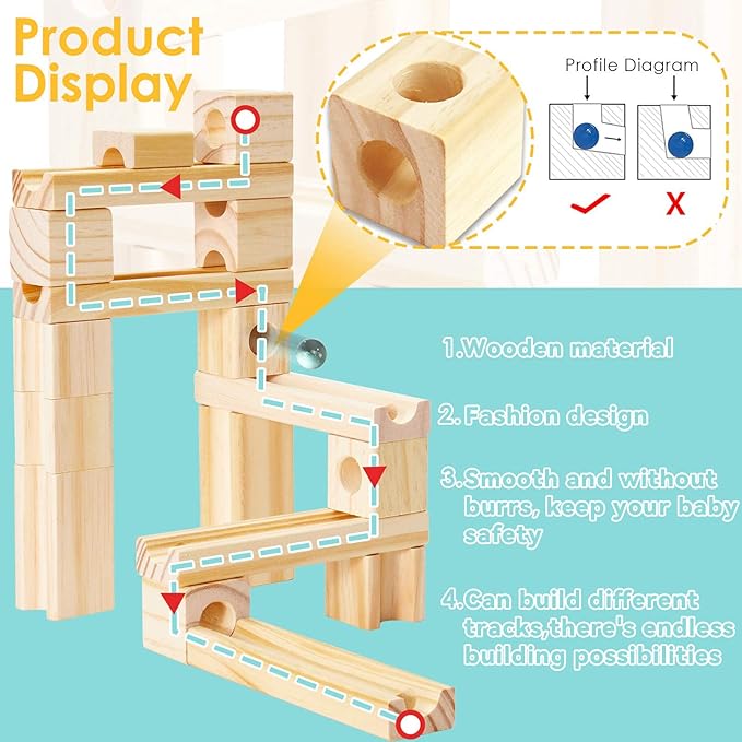 Wooden Marble Run for Kids Ages 4-8, 60 Pieces Wood Building Blocks Toys and Construction Play Set, Marble Track Maze Game STEM Learning Toys Gifts for Boys Girls (60pc Set)